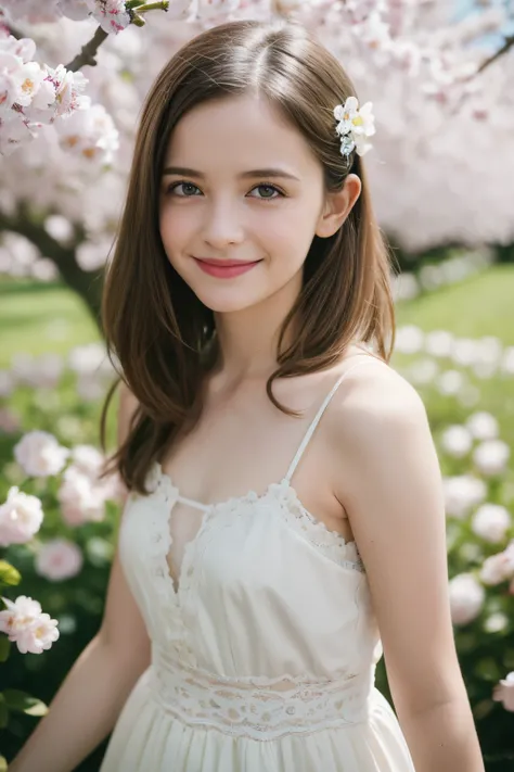 Masterpiece, Best quality, 8k, 18 ans, Photo brute, absurdes, Award-winning portrait, sourire, sourire, pure, french, random color dress, spring, petite, orchard in bloom, laces, famous singer, leanin