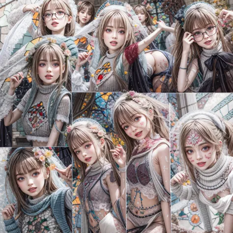 (White and vivid colors, Acutance, Exposed:1.2, nipple:-0.9), (9 sexy little idols in group photograph), ((face variations, Hair variations)), { Navel | pretty Ass | (Delicate lace knitted wear) | Flowers | (Colorful Light shines from Dazzling and delicate...