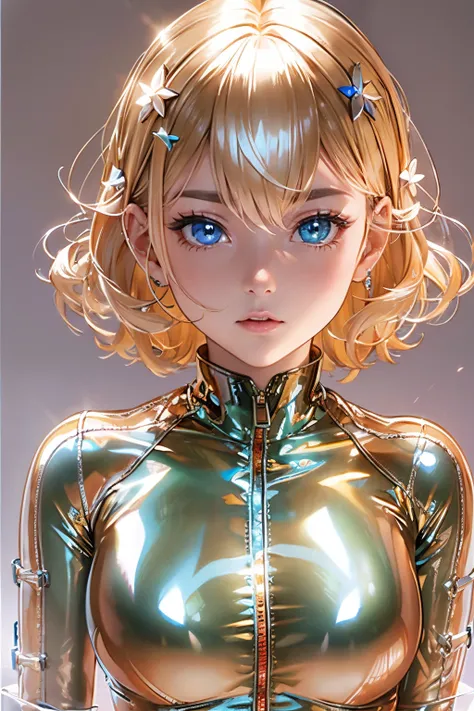 in 8K、glossy latex suit、(((Transparent latex suit)))、(((Transparent latex suit)))、short golden hair with arms behind head、Beautiful woman with blue eyes、Latex suit that shows off your body line beautifully、Upper body only