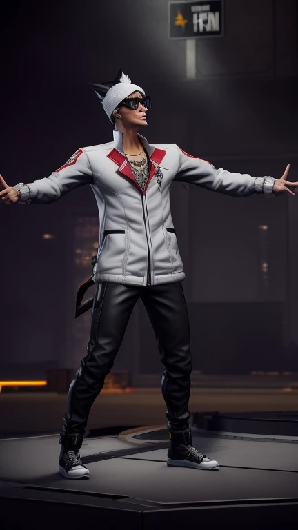 there is a man in a white jacket and black pants, as a character in tekken, in the style of sifu 🔥 😎 🕹️ 👀 :2, mechanic punk outfit, saints row fursuit tails mod, professor clothes, evil standing smiling pose, full body shot hyperdetailed, cloth jerkin, hig...