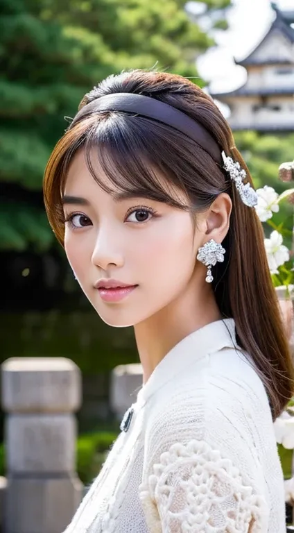 A hyper-realistic and ultra-detailed portrayal of a young Asian woman named Rin. She is depicted walking gracefully in front of the historic Fukuoka Castle ruins in Fukuoka City, Fukuoka Prefecture. Rin has a radiant and youthful appearance with flawless w...