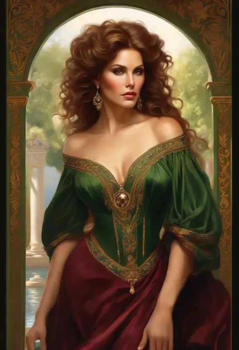 Painting of a beautiful and sexy woman, green eyes, ((with long medusa hair, falling over her shoulders)) and an embroidered dress, ((Spanish gypsy, from the Victorian Era)), ((Raquel Welch style)), wearing a burgundy dress with a black corset with a V-nec...