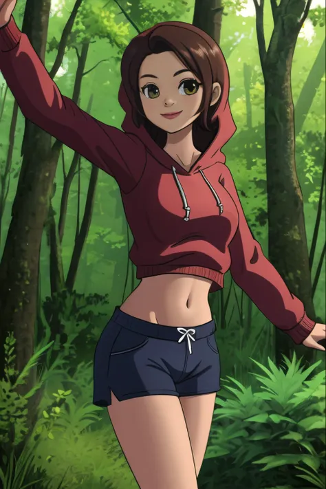 high quality 3d image of close up,smiling,looking at the camera,masterpiece,high detail,shorts,hoody,in a forest,exposed midriff,standing,