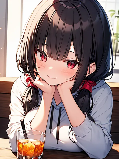 25-year-old female solo、Black hair twintails、Red Eyes、kindly smile、large full breasts、drinking a glass of whiskey、Drunk、Tsundere、White hoodie、Warm room、high-level image quality、hightquality、8K picture quality、kiss face