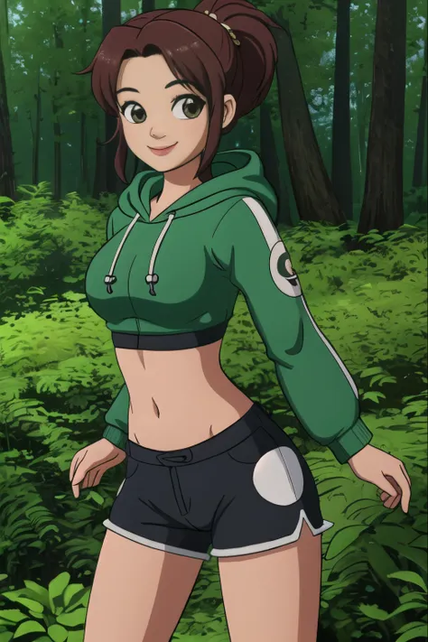 high quality 3d image of close up,smiling,looking at the camera,masterpiece,high detail,shorts,hoody,in a forest,exposed midriff...