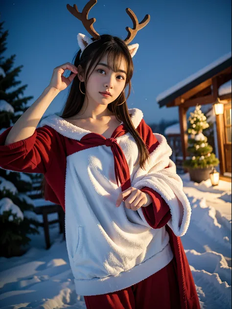 8K、Top image quality、​masterpiece、An 18-year-old woman、santa 、snowy night、reindeer、Cinematic lighting