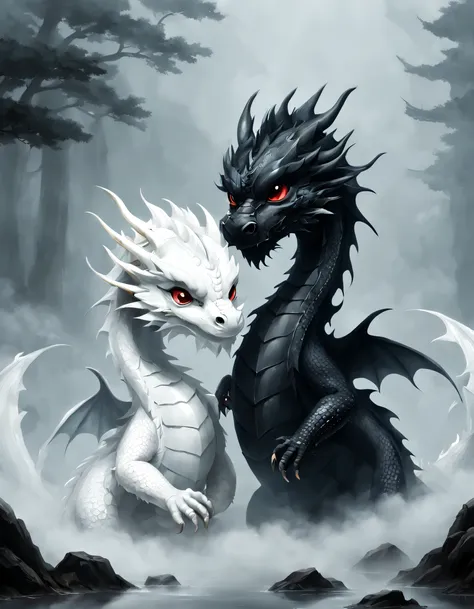 cute little white dragon and little black dragon in the thick fog，chinesedragon