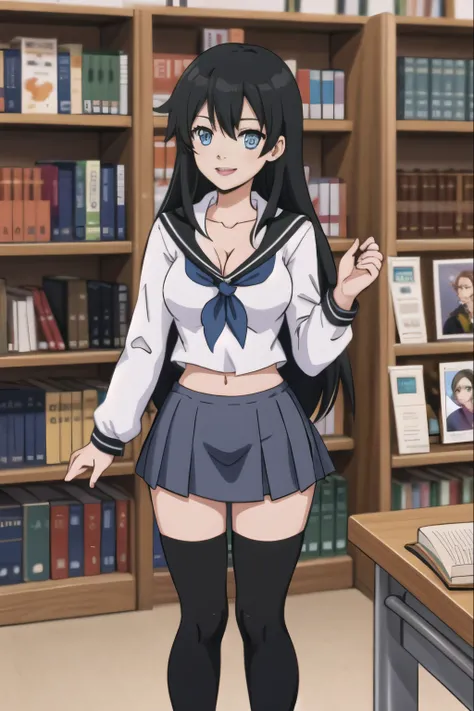 Yukino yukinoshita, long hair, cleavage, navel, slim legs, black hair, blue eyes,  short skirt, thigh high socks, , happy, school uniform, library, standing