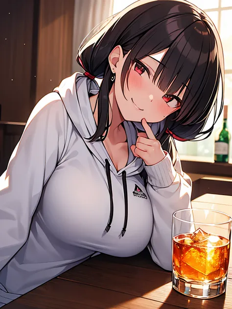 25-year-old female solo、Black hair twintails、Red Eyes、kindly smile、large full breasts、drinking a glass of whiskey、Drunk、Tsundere、White hoodie、Warm room、high-level image quality、hightquality、8K picture quality、kiss face