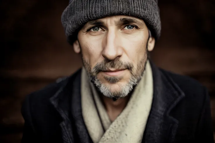 Franco-German man wearing hat and scarf looking at camera, a close up portrait photo, 50 mm portrait, Portrait photos, rugged man portrait, 60 mm portrait, Beautiful portrait of a desperate man, 70mm portrait, 50mm lens for portraits, author：Stefan Girovsk...