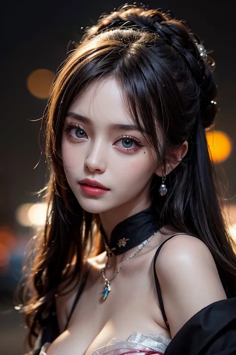 Best quality at best, tmasterpiece, A high resolution, 1个Giant Breast Girl,Be red in the face,(lusty  smile:0.8),star-shaped bule pupils,china hanfu,hair adornments,choker necklace, jewely,pretty  face,above_body, dingdall effect,realisticlying, dark studi...