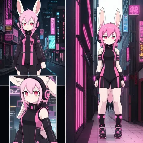 Best Quality，masutepiece，comic strip，cyberpunk outfits，，Cyberpunk girl wearing cat-eared headphones，anklets，((Pink hair，Features of rabbit eared headphones，cyber punk Girl，erect ears))，red eyeunny tail），Cities of the near future、