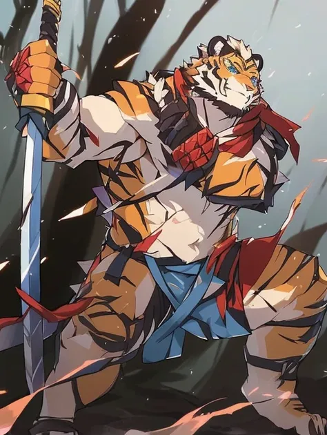 a cartoon picture of Kosutora with a sword, handsome kosu in demon slayer art, as a badass monster hunter, berserker, berserker potrait, demon slayer artstyle, portrait of ninja slayer, badass anime 8 k, tiger_beast, anthropomorphic tiger, muscular werewol...