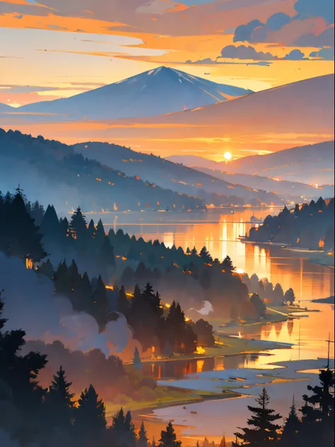 wide view (anime scene) (lake surrounded by mountains), pine forest, (sunset), cloudy sky, (no human:1), masterpiece, beautiful color palette, (warm orangish bluish tones), masterpiece, highly detailed