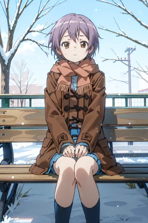 (masutepiece),(Best Quality), Yuki, Brown coat,  scarf, knee high, blank eye, expressionless face, Park, waiting, Benches, Snow, Yuki, tree, Nature,