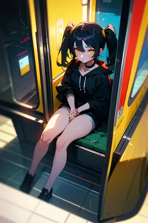 (masterpiece, best quality, 4k, insane details, watercolor, 1girl), long black hair, long twintails, cute hair pins, yellow eyes, choker, wearing a long black hoodie that covers her thighs, oversize clothes, sitting inside a train, leaning on the train win...