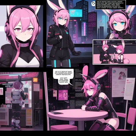 Best quality at best，On the table，comic strip，Cyberpunk costumes，，Cyberpunk girl wearing bunny ear headphones，Anklets，((with pink hair，Features of rabbit ear headphones，cyber punk Girl，Prick up your ears))，Short tail），The city of the near future、