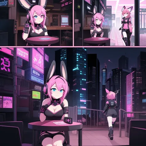 Best quality at best，On the table，comic strip，Cyberpunk costumes，，Cyberpunk girl wearing bunny ear headphones，Anklets，((with pink hair，Features of rabbit ear headphones，cyber punk Girl，Prick up your ears))，Short tail），The city of the near future、