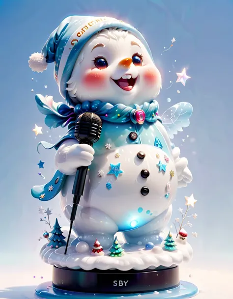 ((1 glowing magical and cute Christmas snowman))，((Singing with a microphone)), ((Syllable symbols floating in the air))，Christmas elements，Snowy daylue-sky，8K, Irridescent color, kawaii, cute big breasts, number art, high qulity, The is very detailed, 3Dr...