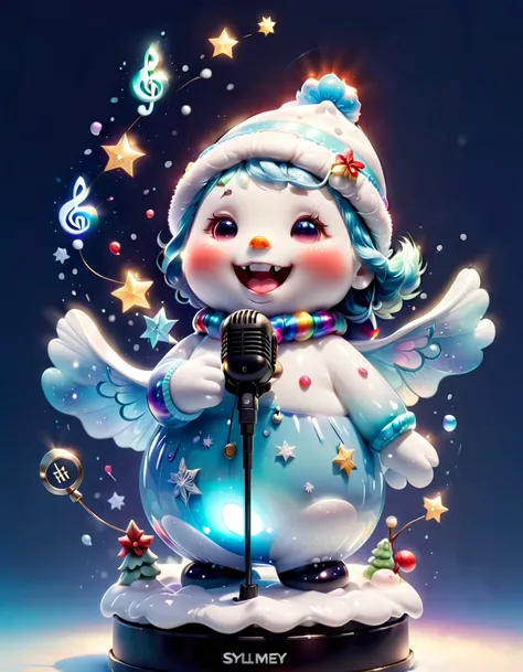 ((1 glowing magical and cute Christmas snowman))，((Singing with a microphone)), ((Syllable symbols floating in the air))，Christmas elements，Snowy daylue-sky，8K, Irridescent color, kawaii, cute big breasts, number art, high qulity, The is very detailed, 3Dr...