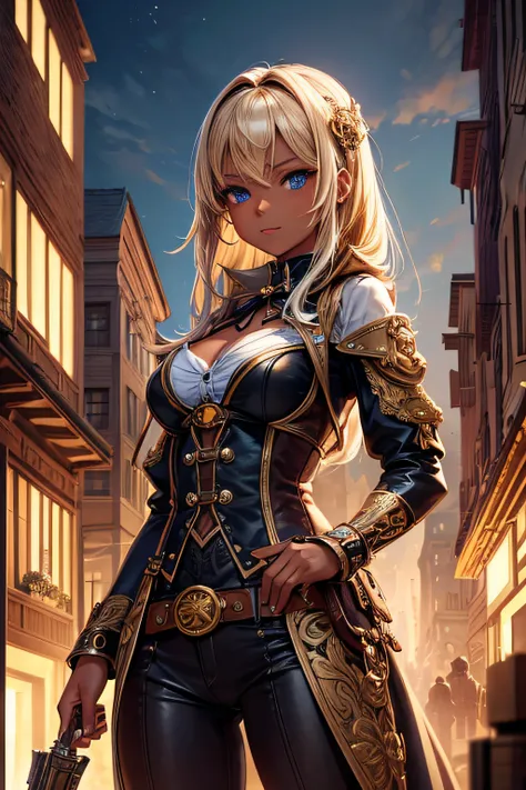 Create an illustration depicting a little girl overlooking a steampunk cityscape. The girl has dark skin, short blonde hair and shiny blue eyes. The girl should be standing in a vantage point, Rooftops, bridges, etc., Look down on the intricately designed ...