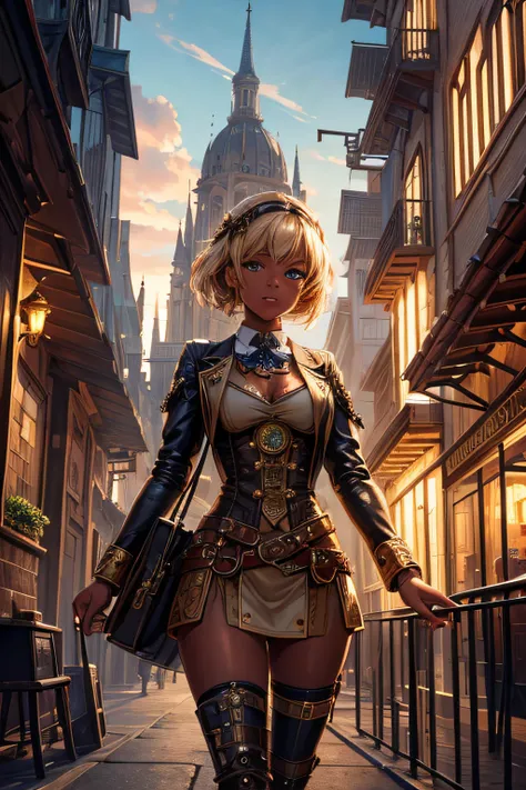 Create an illustration depicting a little girl overlooking a steampunk cityscape. The girl has dark skin, short blonde hair and shiny blue eyes. The girl should be standing in a vantage point, Rooftops, bridges, etc., Look down on the intricately designed ...