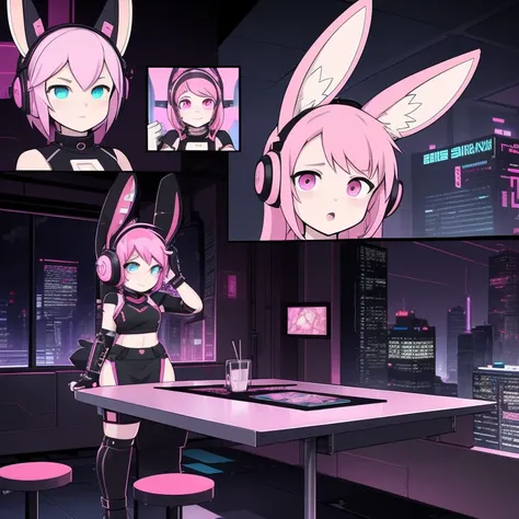 Best quality at best，On the table，comic strip，Cyberpunk costumes，，Cyberpunk girl wearing bunny ear headphones，Anklets，((with pink hair，Features of rabbit ear headphones，cyber punk Girl，Prick up your ears))，Short tail），The city of the near future、