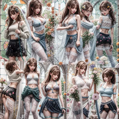 (White and vivid colors, Acutance, Exposed:1.2, nipple:-0.9), (9 sexy junior idols in group photograph), ((face variations, Hair variations)), { Navel | pretty Ass | (Delicate lace knitted wear) | Flowers | (Colorful Light shines from Dazzling and delicate...