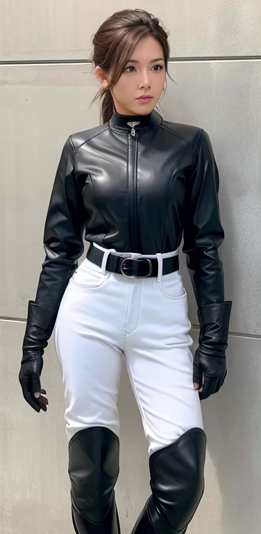 Female jockeys、maturefemale, Standing, Full body,riding outfit, dominant, (muscular:0.75), Long sleeves, Black Gloves, Have a whip、double-breasted, (Riding boots:1.4), White long trousers, slim, malformed, Harnes, Belt bag, Standing, horse behind,