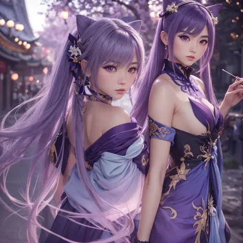 ((Genshin Impact)), ((Keqing)), ((Focus on the hips)), traditional beauty, gorgeous chinese model, draped in purple and blue silk, with beautiful exoticism, purple hair, violet eyes, cat ears on top of head, By bicycle, soft fluffy soft landscape forest sn...