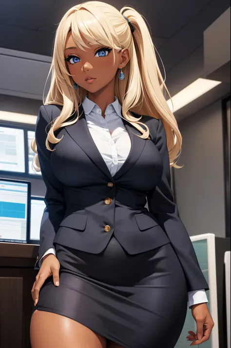 (Masterpiece, Best quality, ultra high resolution),1girl, gyaru, dark brown skinned, blue eyes, blonde hair, large breasts, thick thighs, himecut, Office lady uniform, beautiful and detailed face, detailed eyes, detailed nose, office tower background (( wh...