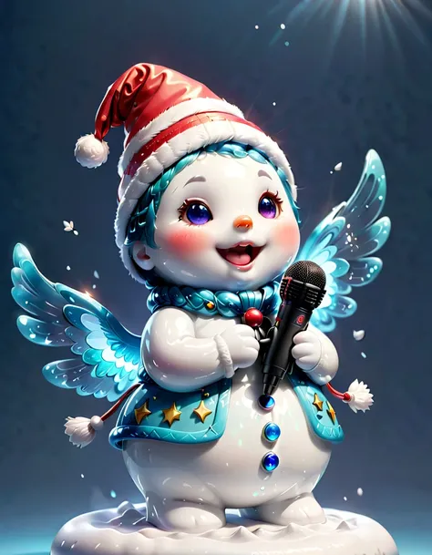 ((1 glowing magical and cute Christmas snowman))，((Singing with a microphone)), ((Syllable symbols flying))，Christmas elements，Snowy daylue-sky，8K, Irridescent color, kawaii, cute big breasts, number art, high qulity, The is very detailed, 3Drenderingof，Br...