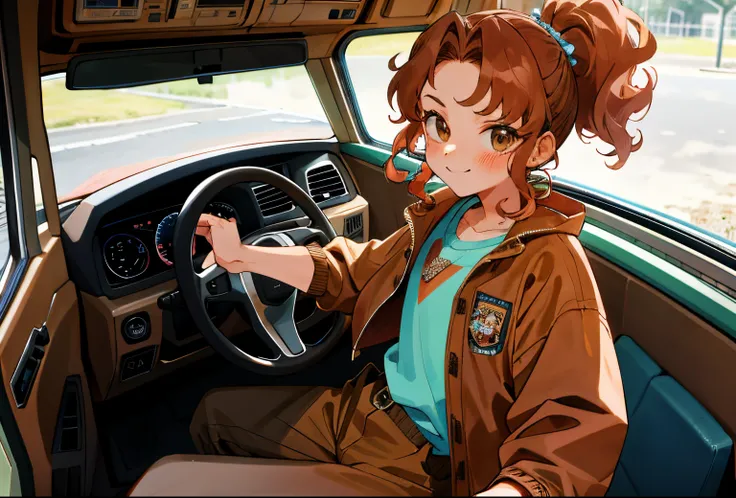 one-girl，Brown ponytail，curlies，Jump up，Brown jacket，hot pant，Lots of decorations，RV，eldest son of Tametul，Nineties style，natta，driver&#39;s seat