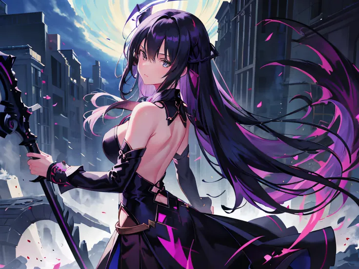 anime girl with long black hair holding a sickle in the city, badass anime 8 k, anime art wallpaper 8k, anime style 4 k, anime a...