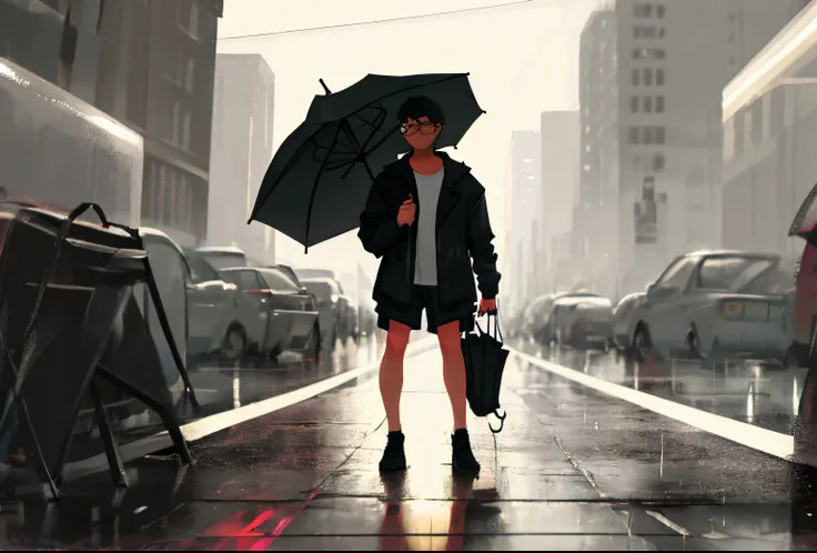 Libido boy，with short black hair，wears glasses，Walking in the rain with an umbrella