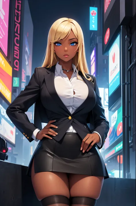 (Masterpiece, Best quality, ultra high resolution),1girl, gyaru, dark brown skinned, blue eyes, blonde hair, large breasts, thick thighs, himecut, Black office jacket, white shirt, black office skirt and black stockings, beautiful and detailed face, detail...