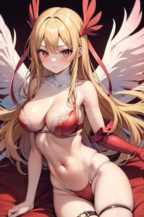 blonde hair, red bra, red lingerie, red underwear, long hair, angel wings,large breasts, bare shoulders, elbow gloves, feathered wings, gloves, head wings, navel, pink ribbon, ribbon, single elbow glove, single glove, thigh strap, wings