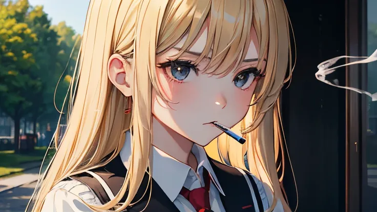 smoking and angry、a park,​masterpiece,Top image quality,hight resolution,Mabayashi Kitagawa,,Beautiful fece,blonde  hair,long hair down to the back,summer sailor uniform,red tie、girl with、black eyes、Tsurime girl,face close-up