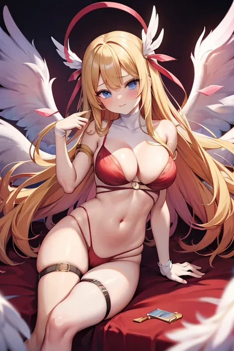 blonde hair, red bra, red lingerie, red underwear, long hair, blue eyes, angel wings,large breasts, bare shoulders, elbow gloves, feathered wings, gloves, head wings, navel, pink ribbon, ribbon, single elbow glove, single glove, thigh strap, wings