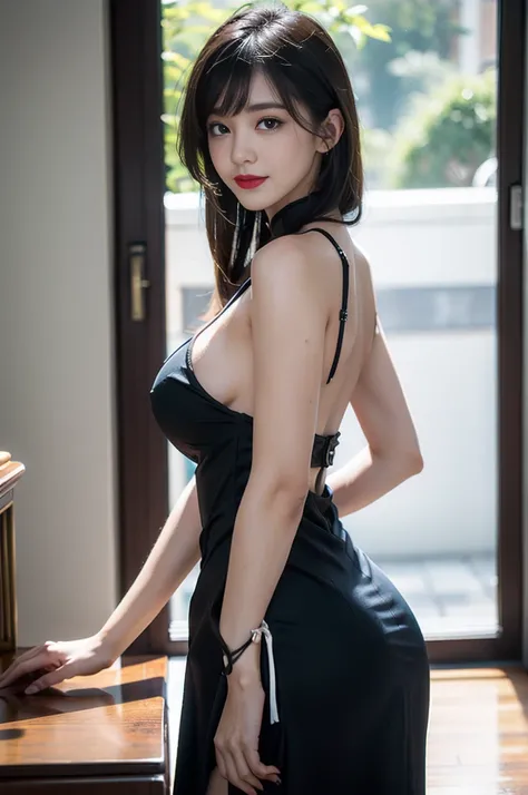 side locks, long whitr hair, Smiling, looking at viewert, Look from the front, dual horsetail, By bangs, Black hair, Water-colored eyes, fox ear, cosmetics, Open, tmasterpiece, high qulity, Best quality at best, Anatomically correct, poster cheongsam, Blac...