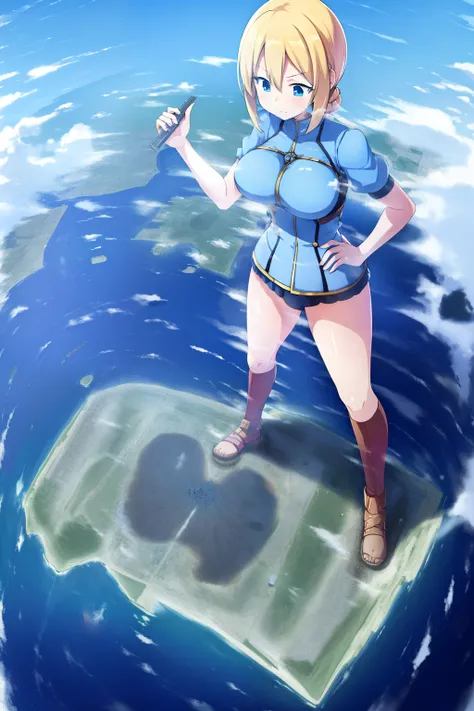 an anime female character standing on a mountain top next to a city, 1girl, solo, giantess, sky, giant, cloud, day, full body, blue sky, city, breasts