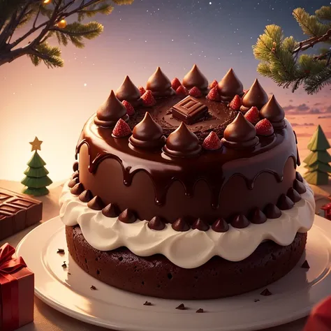 Chocolate cake near a tree falling on it small pieces of chocolate from the sky in the sunset atmosphere, merry Christmas festival