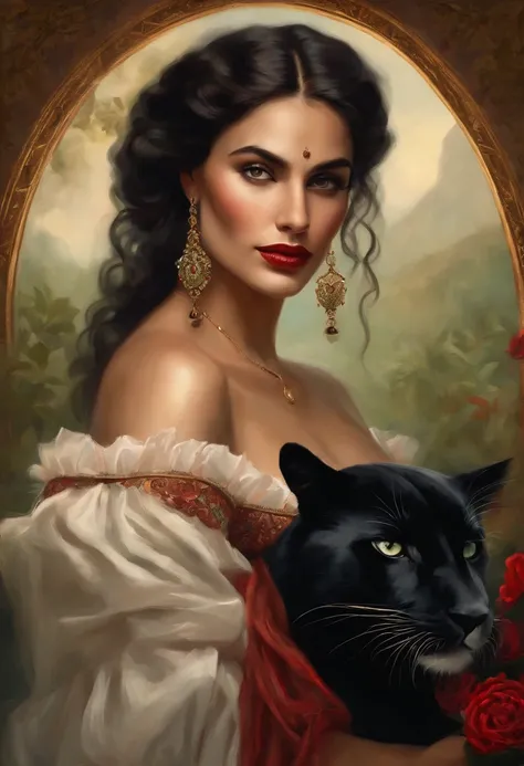 Painting of a gypsy woman, with green eyes, sexy and red mouth, rounded and beautiful face, black hair, hair in a voluminous Spanish bun, sexy and sensual, happy and seductive woman with a panther look, red dress with ruffles and embroidery, Victorian Era ...