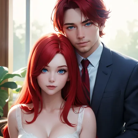 A red-haired, blue-eyed woman stands hugging a red-haired, blue-eyed man (High quality masterpiece, best quality 4k...: 1.2) Very detailed. (Realistic:1.37) Smiling, a masterpiece of art in the event, looking directly at the camera..