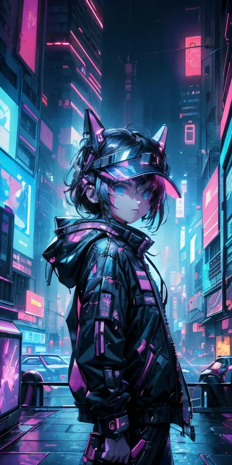 (top-quality)、((​masterpiece)、Cyberpunk city of the future 、Electronic visor attached to the face of a 12-year-old girl is looking out at the city from the roof of a building、Cyberpunk Fashion、Sexy Posing、Exposed skin、Neon lights in dark city at night,