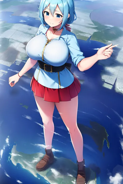 an anime female character standing on a mountain top next to a city, 1girl, solo, giantess, sky, giant, cloud, day, full body, blue sky, city, breasts