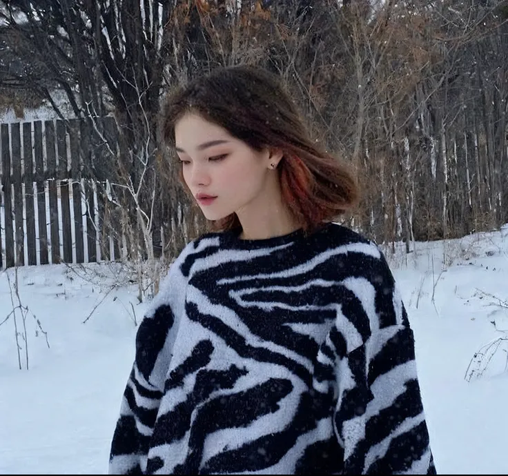 Zebra print sweater with woman print, walking in the snow, she looks like a mix of grimes, resembling a mix of grimes, looks a blend of grimes, looks like a mix of grimes, kiko mizuhara, anna nikonova aka newmilky, The style of Yulia Razumova, Jossie from ...