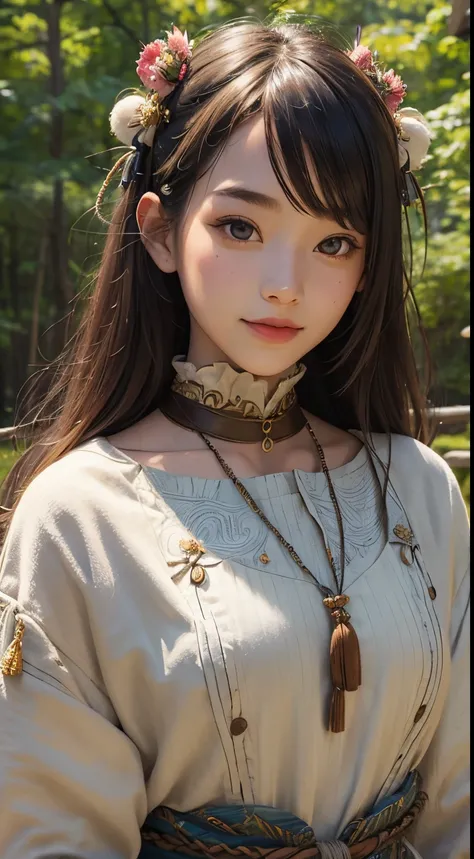 beautiful girl in a primitive wild costume made of hemp, upper body, (front face:1.2), front view, photo, an extremely delicate and beautiful, extremely detailed, Amazing, extremely detailed skin, (18 years old:1.1), cute girl, famous Japanese idol, kawaii...