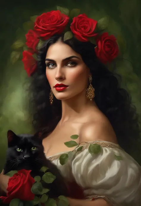 Painting of a gypsy woman of rare beauty, with expressive green eyes, sexy and red mouth, rounded and beautiful face, black hair, hair in a voluminous Spanish bun, sexy and sensual, cheerful and seductive woman with a panther look, red dress with ruffles a...