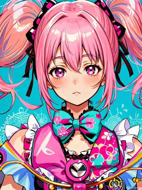 a close up of a poster with a girl with pink hair, decora inspired illustrations, portrait of magical girl, portrait of radical lolita girl, portrait of magical lolita girl, pink twintail hair and cyan eyes, baroque visual kei decora art, retro anime girl,...